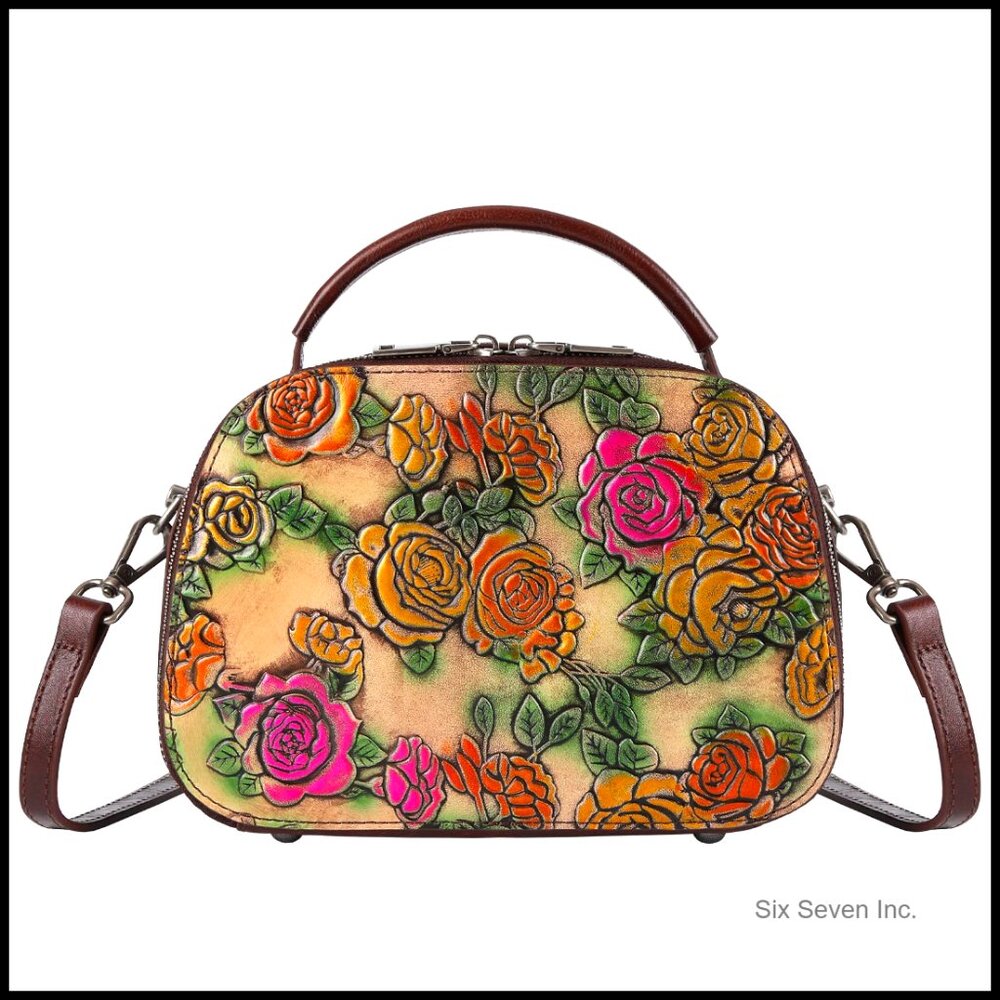 Genuine Leather Satchel Handbag Hand Painted Retro Top Handle Purse